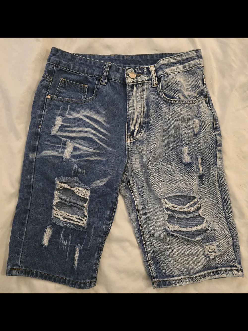 Men's Two-Tone Distressed Jean Shorts - Blue